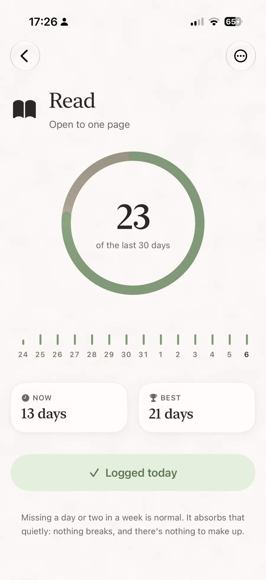 olea habit detail screen showing the last 30 days, current run, and best run