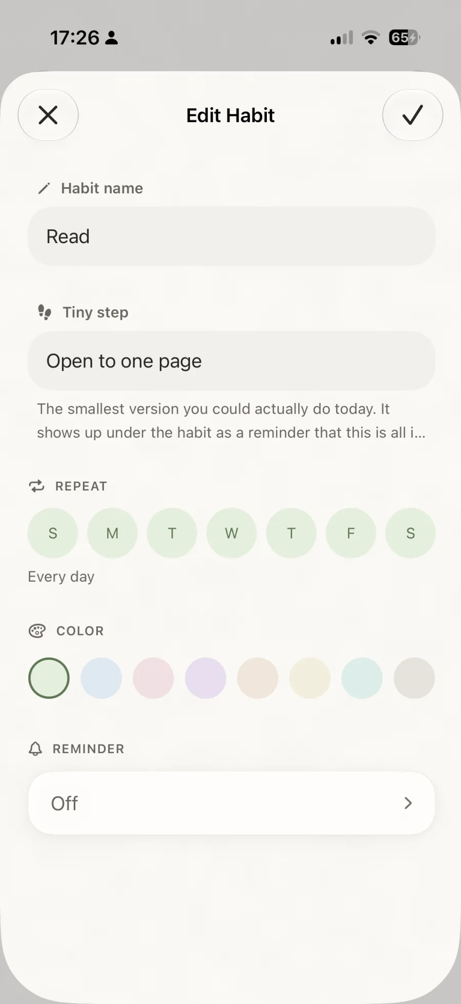 olea habit editor showing the habit name, tiny step, repeat days, color, and reminder