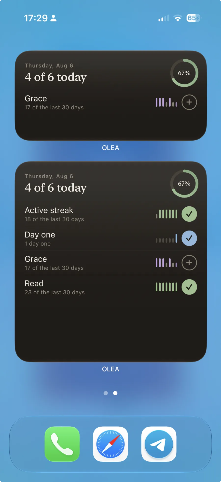 olea Home Screen widgets in compact and expanded sizes